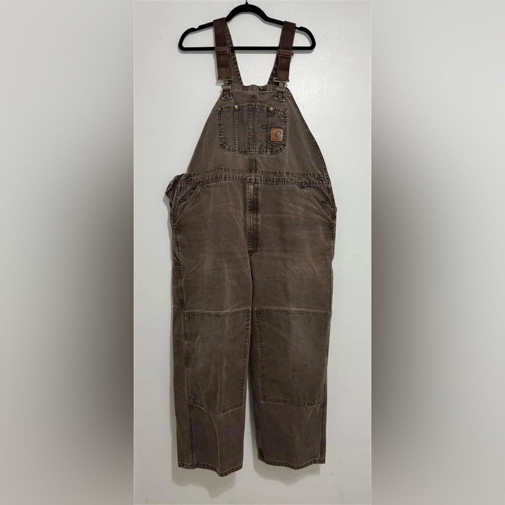 Vtg Carhartt Bib Overalls Dark Brown Duck Canvas Double Knee Size 44x30